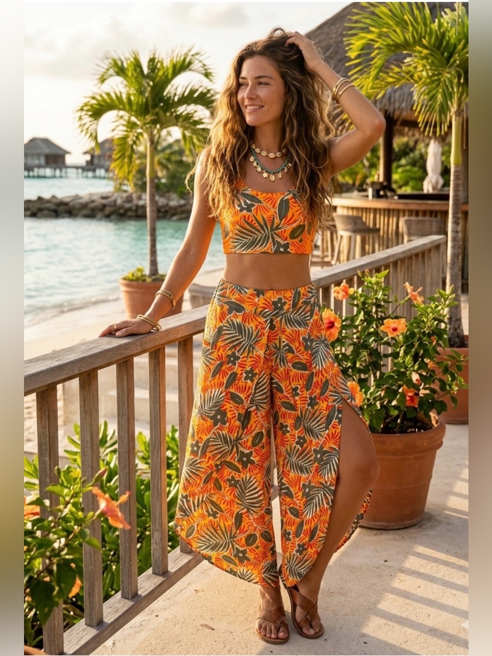 Bohemian Tropical Floral Split Leg Overlay Palazzo Fairycore XL -  {PANTS ONLY}
